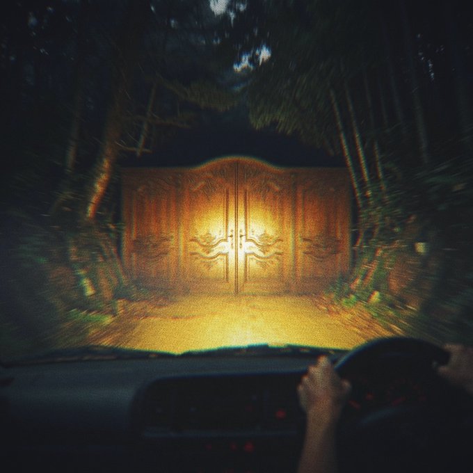 A nighttime view from inside a vehicle approaching ornate golden gates illuminated by headlights, with the silhouette of a person holding the steering wheel visible in the foreground.