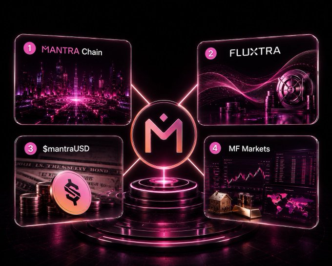 The image features a poster with four different logos, each representing a different cryptocurrency or blockchain technology. The first logo shows a MANTRA chain, the second logo displays a Fluxtra coin, the third logo represents a stablecoins tokenization, and the fourth logo depicts an RWA vault. These logos are arranged in a square format against a black background with pink neon lights. The image also includes text that provides information about each cryptocurrency or blockchain technology represented by the logos.