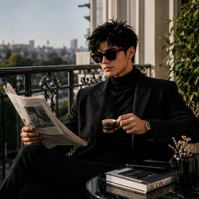 A stylized portrait shows a man with messy black hair and sunglasses, wearing a black turtleneck and blazer, holding a newspaper and a cup of 'VINTAGE' coffee on a balcony with a city view.