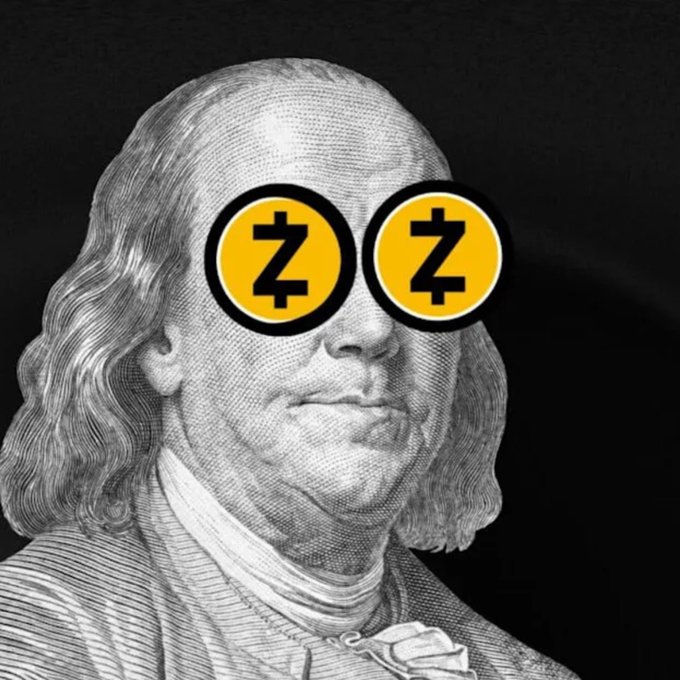 A stylized portrait of Benjamin Franklin from the U.S. $100 bill wearing novelty sunglasses featuring the Zcash (ZEC) cryptocurrency logo.