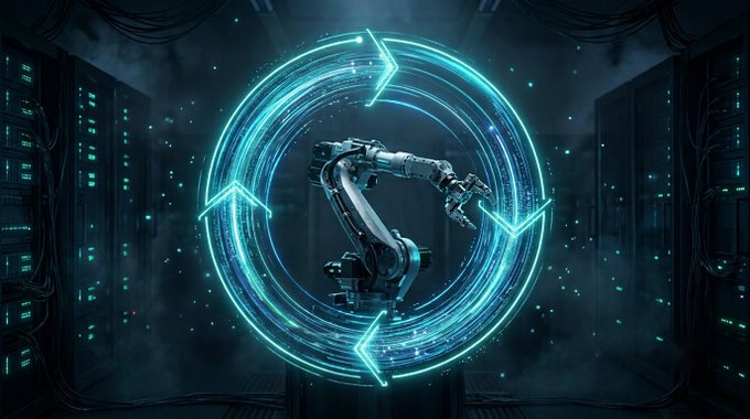 A futuristic digital artwork featuring a robotic arm surrounded by glowing cyan circular arrows in a dark server room environment.