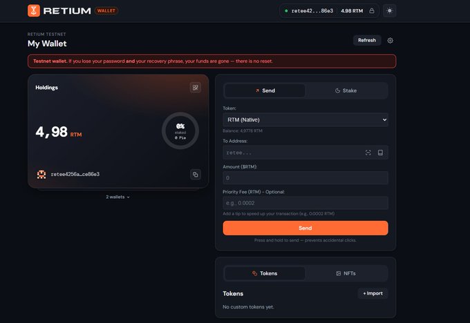 A Retium Wallet interface (Retium Testnet) showing a wallet balance of 4.98 RTM at address retee4256a...ca8b03, with a Send panel for RTM (Native) token with 4.6778 RTM balance.