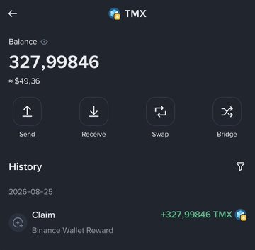 Screenshot of a TMX cryptocurrency wallet showing a balance of 327.99846 TMX (~$49.36) with Send, Receive, Swap, and Bridge options.