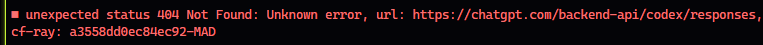 A screenshot of an error message displaying "Unexpected status 404 Not Found: Unknown error, url: https://chatgpt.com/backend-api/codex/responses, cf-ray: a35588dd0ec04ec92-IAD," indicating that OpenAI's Codex service is returning a 404 error. The red error text supports the post's concern about Codex being down.