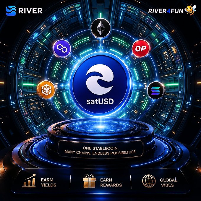 Promotional graphic for 'RIVER' and 'satUSD' stablecoin, showing a central logo surrounded by Ethereum, Optimism (OP), Polygon, BNB, and Solana chain icons, with text 'ONE STABLECOIN. MANY CHAINS. ENDLESS POSSIBILITIES.'