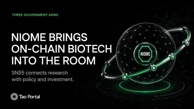 A promotional banner titled 'THREE GOVERNMENT ARMS' announces 'NIOME BRINGS ON-CHAIN BIOTECH INTO THE ROOM,' noting that SN55 connects research with policy and investment, branded with the Tao Portal logo.