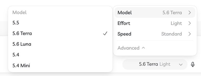 A user complains about the absence of the "Sol" model in their subscription options, as the displayed menu only includes 5.5, 5.6 Terra (currently selected), 5.6 Luna, 5.4, and 5.4 Mini, with the latter panel set to "5.6 Terra Light" with Standard speed and Light effort.