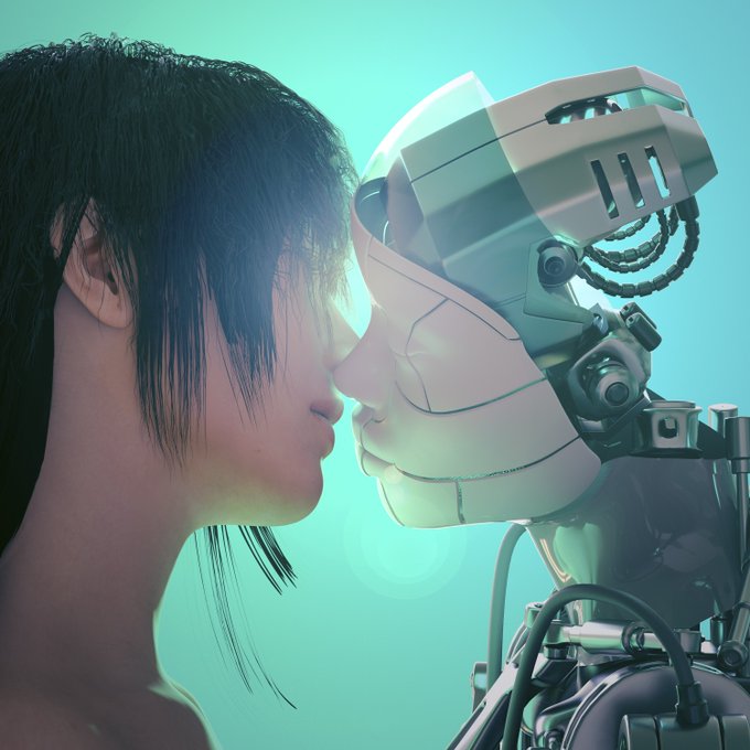 A 3D rendered illustration of a young woman with dark hair about to kiss a white robotic figure with visible mechanical components, set against a teal background.