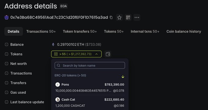 The image shows a blockchain address details page (0x7e3Ba68C4956iAef7c23Cld20fEf0F1D7615a3ad) displaying an EOA wallet with 0.29700102 ETH ($733.08) and a token portfolio dropdown revealing a $1,217,392.73 total token value, including a $783,390.00 "Pons" (PONS) position and a $222,680.40 "Cash Cat" (CASHCAT) position—visually confirming the $1.2M wallet holdings of $800K PONS and $220K CASHCAT mentioned in the post.