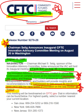 This image shows a CFTC (Commodity Futures Trading Commission) website screenshot featuring a press release (Number 9279-26) titled "Chairman Selig Announces Inaugural CFTC Innovation Advisory Committee Meeting on August 20 in Washington," with CFTC Chairman Michael S. Selig highlighted in yellow, and it relates to the post's discussion of regulatory clarity as the SEC and CFTC work together on crypto regulations.
