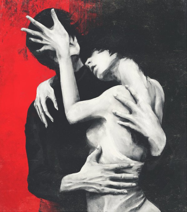 An evocative black, white, and red painted artwork depicting two figures in an intimate embrace, with one figure's hands covering the other's face.