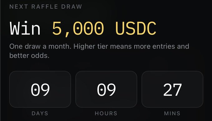 A promotional graphic displaying "NEXT RAFFLE DRAW" with text reading "Win 5,000 USDC" and "One draw a month. Higher tier means more entries and better odds," featuring a countdown timer showing 09 days, 09 hours, and 27 minutes.
