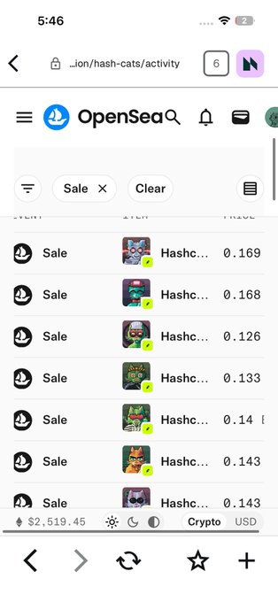 A mobile screenshot of the OpenSea platform showing several "Hashcats" NFT items listed for sale with prices ranging from 0.126 to 0.169 ETH.