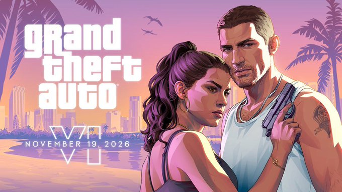The image is a stylized promotional poster for "Grand Theft Auto VII," featuring a man holding a gun and a woman in the foreground against a purple-toned tropical cityscape, with text reading "gRAnd theft auto" and "NOVEMBER 19, 2026." The post jokingly speculates about a hypothetical BTC-to-GTA 7 exchange rate, playing on crypto trading ratios applied to the upcoming game release.