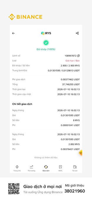 A screenshot of a completed Binance trade confirmation showing a sell order of 2,900 IRYS tokens for approximately 37.74 USDT, illustrating the ~$37 airdrop earnings mentioned in the post about Binance Alpha airdrops.