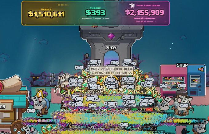 A chaotic pixel-art video game screenshot showing a pile of zombie-like creatures stacking on each other in front of a stone archway with a 'PLAY' button, while stats at the top read 'WEEKLY $1,510,611', 'THRONE $393', and 'TOTAL EVENT SPEND $2,155,909' over an '18th Sep' date.