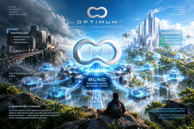A digital promotional graphic for 'OPTIMUM' featuring a futuristic glowing infinity symbol and the text 'RLNC RANDON LINEAR NETWORK CODING', contrasting 'CENTRALIZED' disadvantages with 'DECENTRALIZED' benefits.