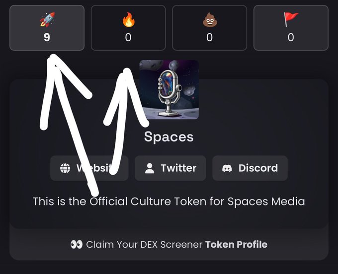 The image shows a DEX Screener token page for "Spaces" with a Culture Token identifier, displaying a rocket icon with 9 (likely rocket hits), and zero fire, poop, and flag icons. A large white arrow points to the rocket counter at the top left, indicating that participants should click the rocket icon on DEX Screener as part of the $SPACES airdrop entry requirements.