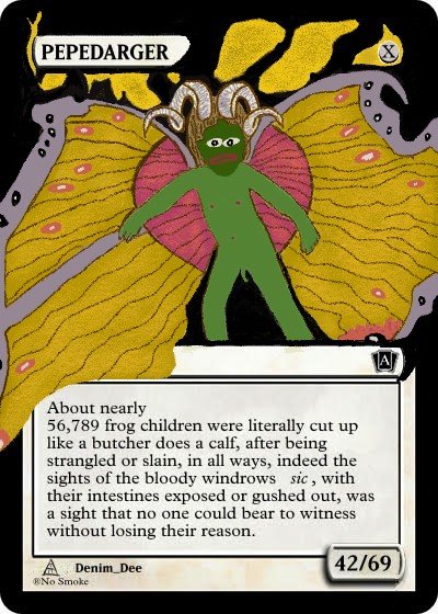 Trading card titled 'PEPEDANGER' featuring a green frog-like character with a crown on a yellow background, with horror-themed flavor text about frog children, numbered 42/69 and signed 'Denim_Dee'.