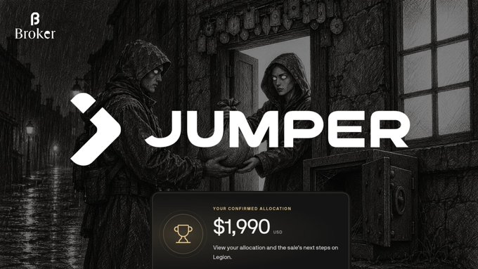 A promotional graphic for 'JUMPER' Broker with a dark, moody illustration of two hooded figures in the rain exchanging an object, showing a confirmed allocation of $1,990 USD.