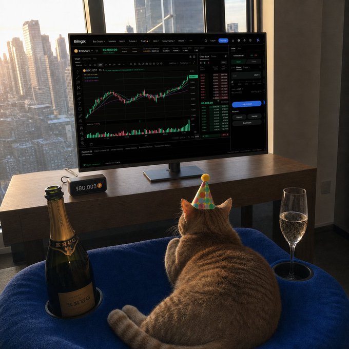 An orange tabby cat wearing a party hat lounges on a blue cushion in front of a trading screen displaying BTCUSD charts, with a digital counter reading "$80,000," a bottle of Krug champagne, and a filled champagne flute nearby—celebrating Bitcoin's $80,000 milestone with the cat gazing at the candlestick chart.