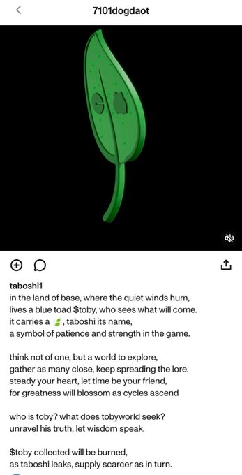 An Instagram post from user '7101dogdoat' features an illustration of a smiling green leaf with a face, accompanied by a poem titled 'taboshi1' describing a 'blue toad' named taboshi in the land of base.