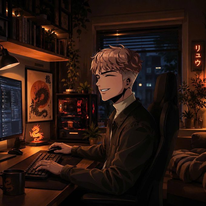 The image features a young man sitting at a desk, working on his computer with a smile on his face. He appears to be enjoying himself while typing away. The background of the image shows a living room setting with a couch and several potted plants placed around the space. There is also an open laptop in front of him, suggesting that he might be multitasking or engaged in some form of online activity. The post includes text about earning money through online work and checking daily, which could indicate that the young man is working from home as a freelancer or small business owner.