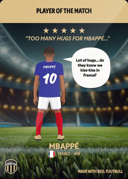 The image is a "Player of the Match" card featuring Mbappé (#10, France) in a meme format where he jokes about whether excessive hugging constitutes a penalty in France. This humorous card exemplifies the playful football meme content promoted by Reel Fuutbull, blending gaming culture with football references to attract early $RFUUT token buyers.