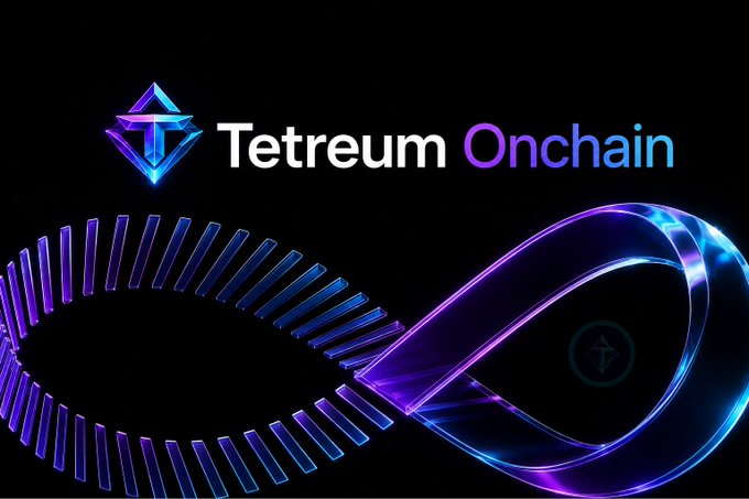 A digital banner featuring the 'Tetreum Onchain' logo with a diamond-shaped icon and an infinity symbol rendered in glowing purple and blue neon colors.