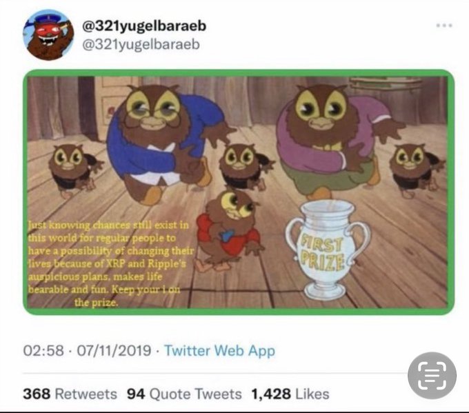 A tweet from @321yugelbaraeb features an image of cartoon owls around a "FIRST PRIZE" trophy, with text about XRP and Ripple plans making life bearable, posted on 07/11/2019.