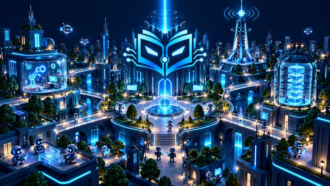 A vibrant digital artwork of a futuristic cyberpunk cityscape with neon blue lighting, robotic figures, futuristic skyscrapers, and a large mask emblem hovering above the central plaza.