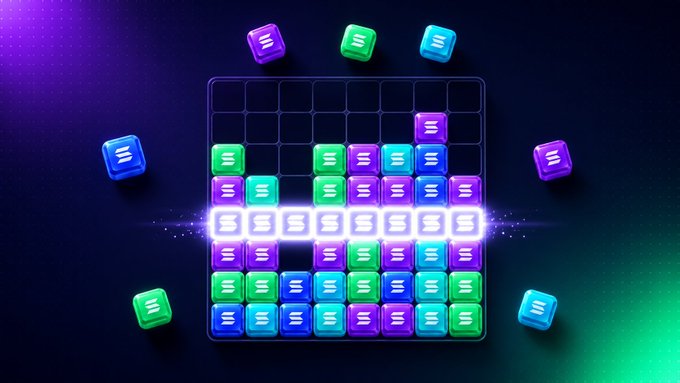 The image features an intriguing puzzle game called "SolBlast" that involves connecting blocks to form rows or columns within an 8 by 8 grid, with a pool of SOL at the end of each day. The objective is to clear a row or column first, and if you manage to do so, you can connect your wallet to the leaderboard for points. Players are ranked based on their daily performance in this game, and those who rank highest receive SOL as payment.