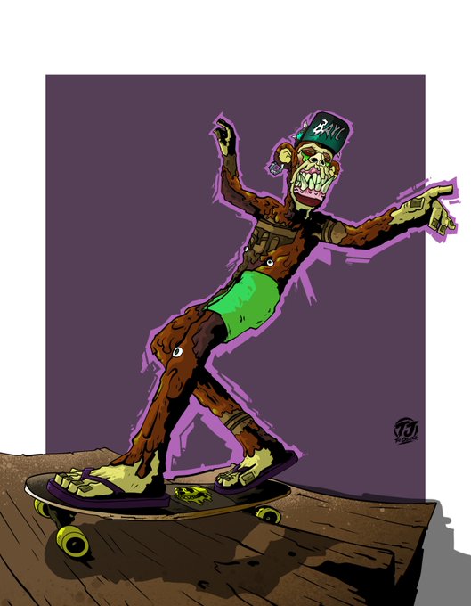 A cartoon illustration of a green-skinned zombie character wearing a cap, green shorts, and brown fur, skateboarding on a wooden surface against a purple background.