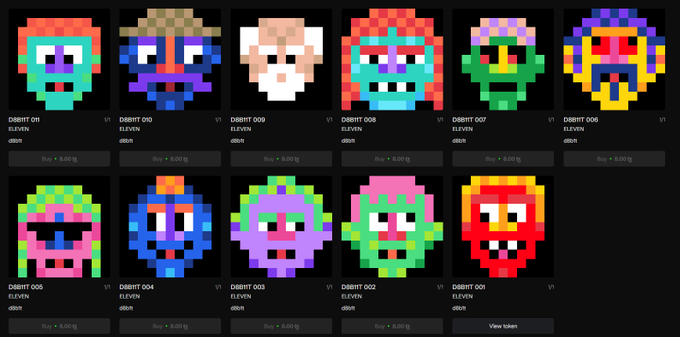 A grid of pixel art NFT avatars labeled 'dBIRTH' by dBIRTH, displayed with prices and buy buttons in ETH, featuring various colorful character designs.