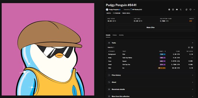 A screenshot of a Pudgy Penguin NFT (#8441) listing page on OpenSea, showing the cartoon penguin wearing sunglasses and a cap, with traits and price history displayed.