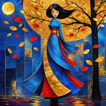 A stylized artistic painting of a woman in a flowing blue, red, and gold dress standing in a city under golden autumn trees and a moonlit sky.