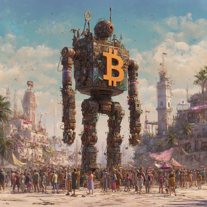 A detailed digital artwork showing a giant steampunk robot adorned with a large Bitcoin symbol standing in a crowded fantasy marketplace.