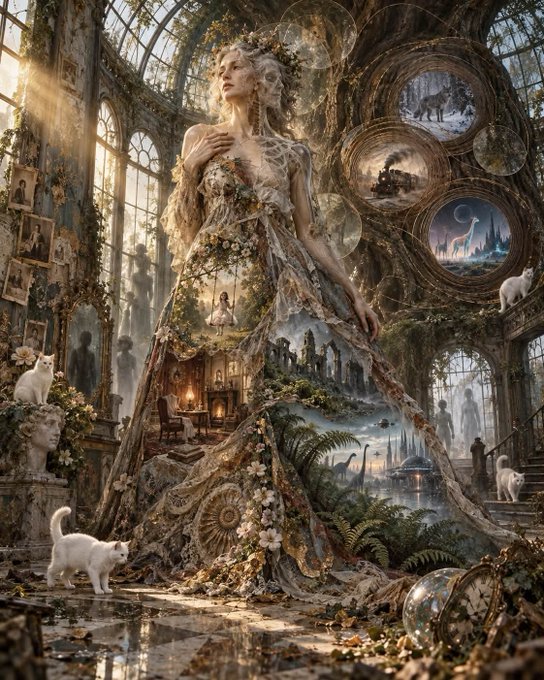 A surreal, fantastical illustration of an elegant woman in an elaborate gown made of nature and architecture, standing in a grand, vine-covered room with a cat and circular windows.
