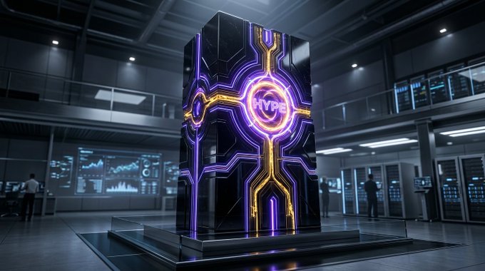 A futuristic server room or data center featuring a large black monolith with glowing purple and orange circuitry patterns and a central 'HYPE' logo, surrounded by technical equipment and personnel.