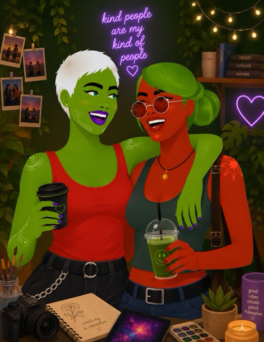 A vibrant digital illustration of two women with stylized green and red skin, smiling together while holding coffee and a green drink, with a neon sign reading 'kind people are my kind of people'.