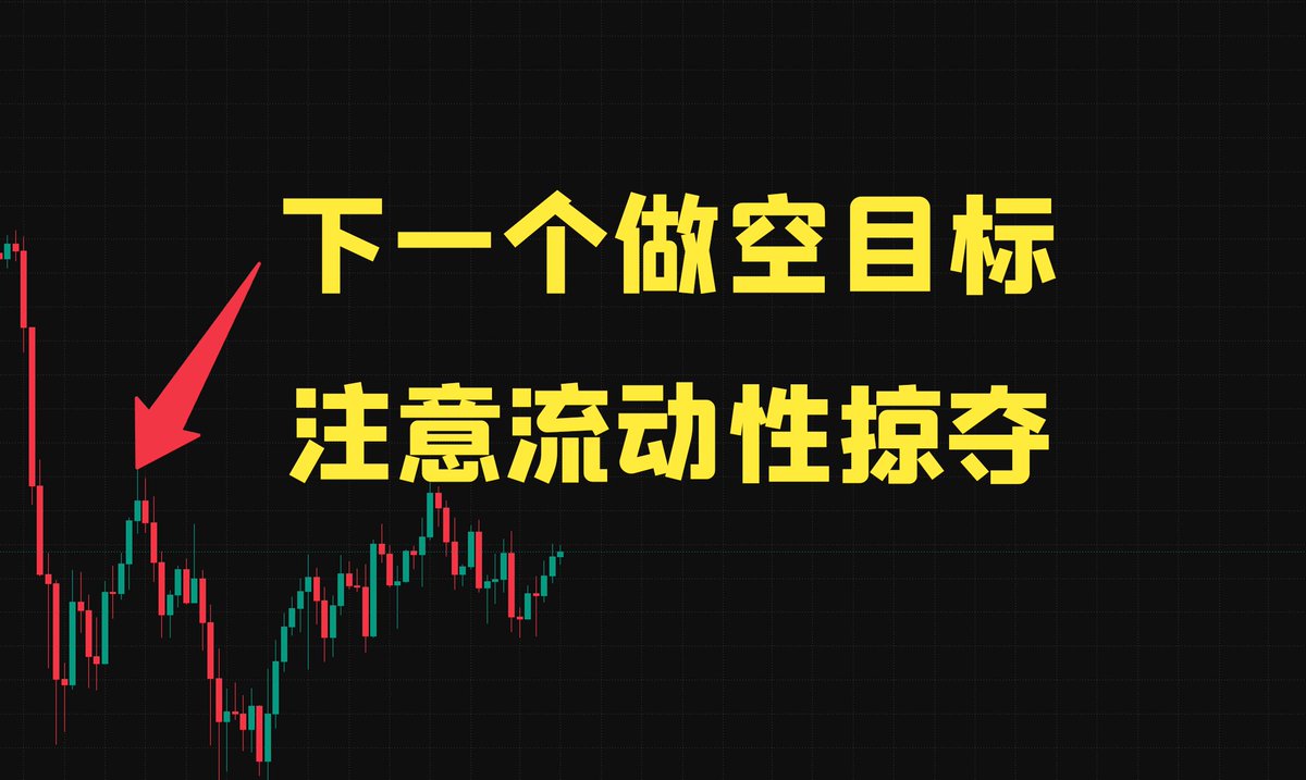 A dark candlestick financial chart with Chinese text reading '下一个做空目标' (Next short-selling target) and '注意流动性掠夺' (Beware of liquidity grab), with a red arrow pointing down to a recent price spike.