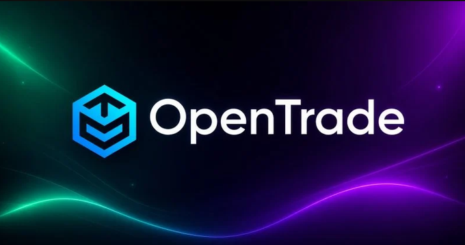 The OpenTrade logo appears as a blue hexagonal icon with white text on a dark background featuring neon green and purple light waves.