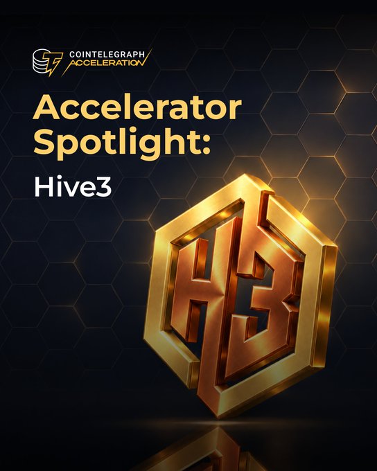 A Cointelegraph Acceleration promotional graphic featuring 'Accelerator Spotlight: Hive3' with a golden hexagonal 3D logo against a dark honeycomb background.