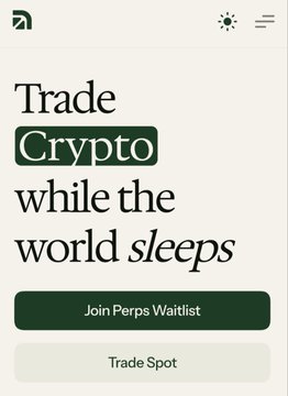 A mobile app screen displaying the text 'Trade Crypto while the world sleeps' with buttons for 'Join Perps Waitlist' and 'Trade Spot'.