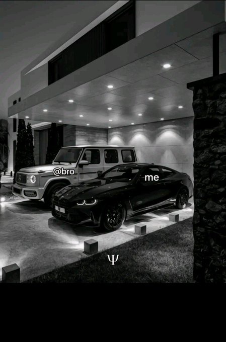 A black-and-white edited photo showing a Mercedes G-Wagon labeled '@bro' parked next to a Ford Mustang labeled 'me' in a modern garage, with a 'Ψ' (Psi) symbol at the bottom.