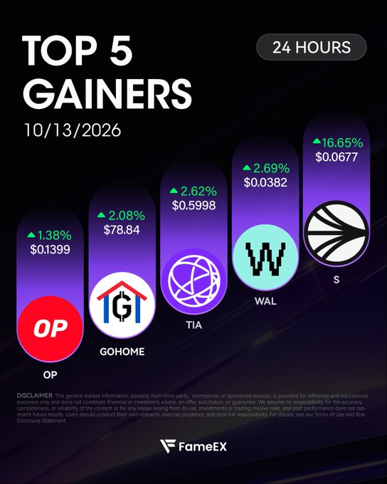 A FameEX 'TOP 5 GAINERS' chart for 24 hours on 10/13/2026, showing OP (+1.38%, $0.1399), GOHOME (+2.08%, $78.84), TIA (+2.62%, $0.5998), WAL (+2.69%, $0.0382), and S (+16.65%, $0.0677).