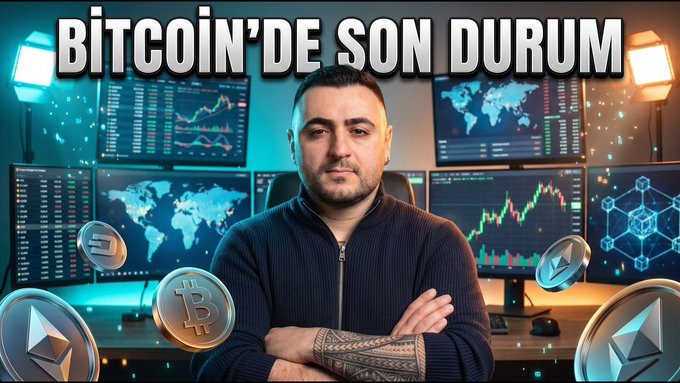 A man with tattoos standing in front of multiple monitors displaying financial charts and cryptocurrency data, with the Turkish text 'BİTCOİN'DE SON DURUM' (Latest Bitcoin Status) at the top and Bitcoin/Ethereum coin graphics overlaid.