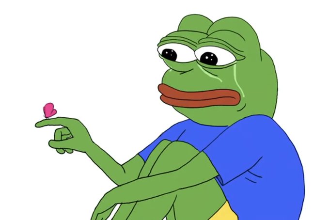 A cartoon of Pepe the Frog in a blue shirt holding out his finger with a small pink heart, with tears in his eyes.