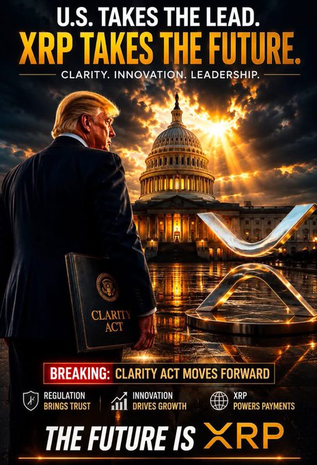 A promotional graphic featuring a man resembling Donald Trump holding a 'CLARITY ACT' folder, with the U.S. Capitol building and an XRP logo in the background, captioned 'U.S. TAKES THE LEAD. XRP TAKES THE FUTURE.' and 'THE FUTURE IS XRP'.