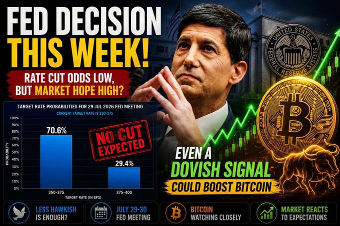Promotional graphic for a FED DECISION THIS WEEK, showing a chart of target rate probabilities for the 29 JUL 2026 FOMC meeting with 70.6% odds of no rate cut (350-375 bps), featuring text 'EVEN A DOVISH SIGNAL COULD BOOST BITCOIN' and icons for Bitcoin and the Federal Reserve.